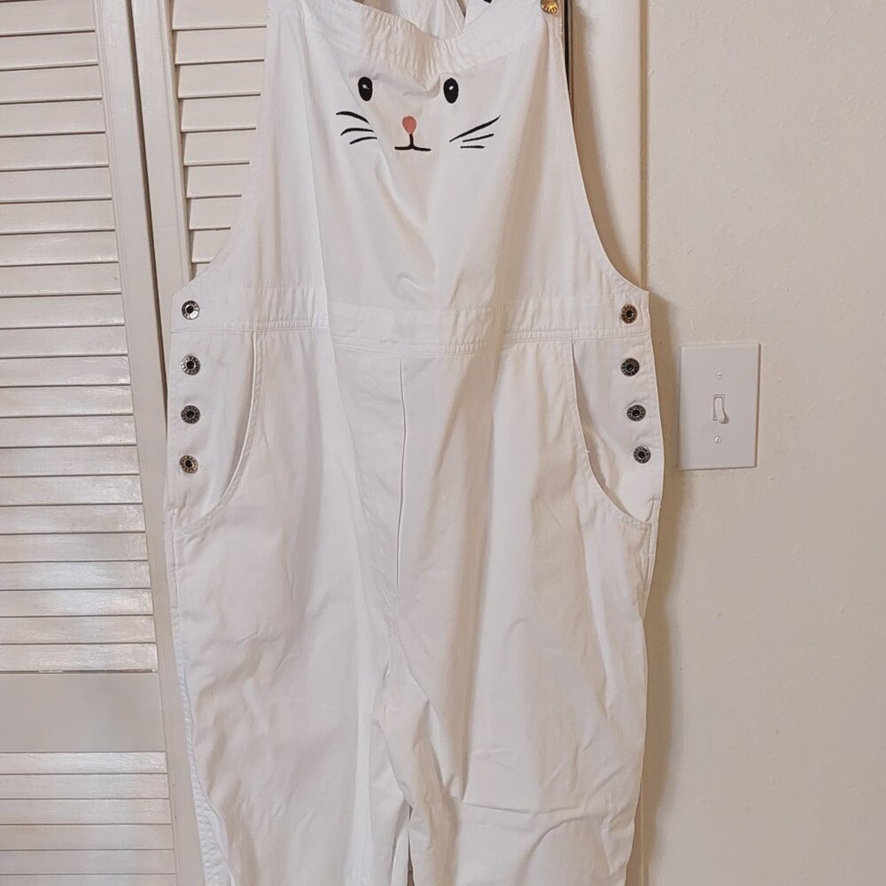 Agapo White Kitty Cat Wide Leg White Denim Overalls - Picture 7 of 8